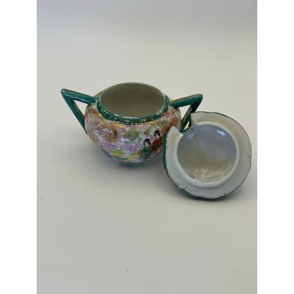 Vintage Geisha Girl Sugar Bowl and S & P Porcelian Green Handles Japan - Picture 4 of 10
